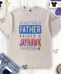 Nice Kansas Jayhawks washed t-shirt featuring 'The Best Kind of Father Raises a Jayhawk' slogan, perfect for fans.