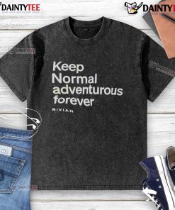 Rivian washed t-shirt featuring 'Nice Keep Normal Adventurous Forever' design, perfect for outdoor enthusiasts.