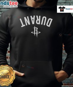 Alt Text: Kevin Durant wearing a Houston Rockets invert upside hoodie, showcasing stylish basketball apparel.