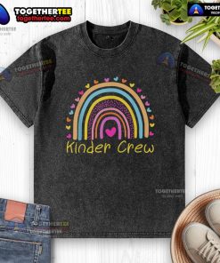 Colorful Nice Kinder Crew kindergarten teacher rainbow heart washed t-shirt, perfect for educators and children's activities.