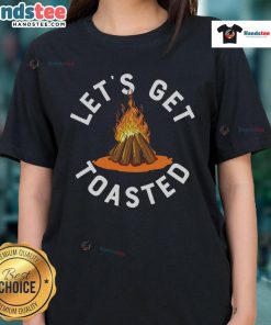 Womens 'Nice, Lets Get Toasted' Campfire Tee featuring a fun graphic for outdoor enthusiasts and camping lovers.