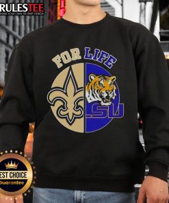Louisiana State University x New Orleans Saints sweatshirt featuring 'Football For Life' logo for sports lovers.
