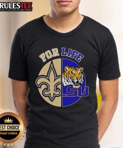 Alt Text: Louisiana State University X New Orleans Saints Football For Life logo on a sporty t-shirt for fans and sport lovers.