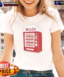 Vintage vending machine graphic on a ladies tee, featuring the Nice Milca design for retro fashion enthusiasts.