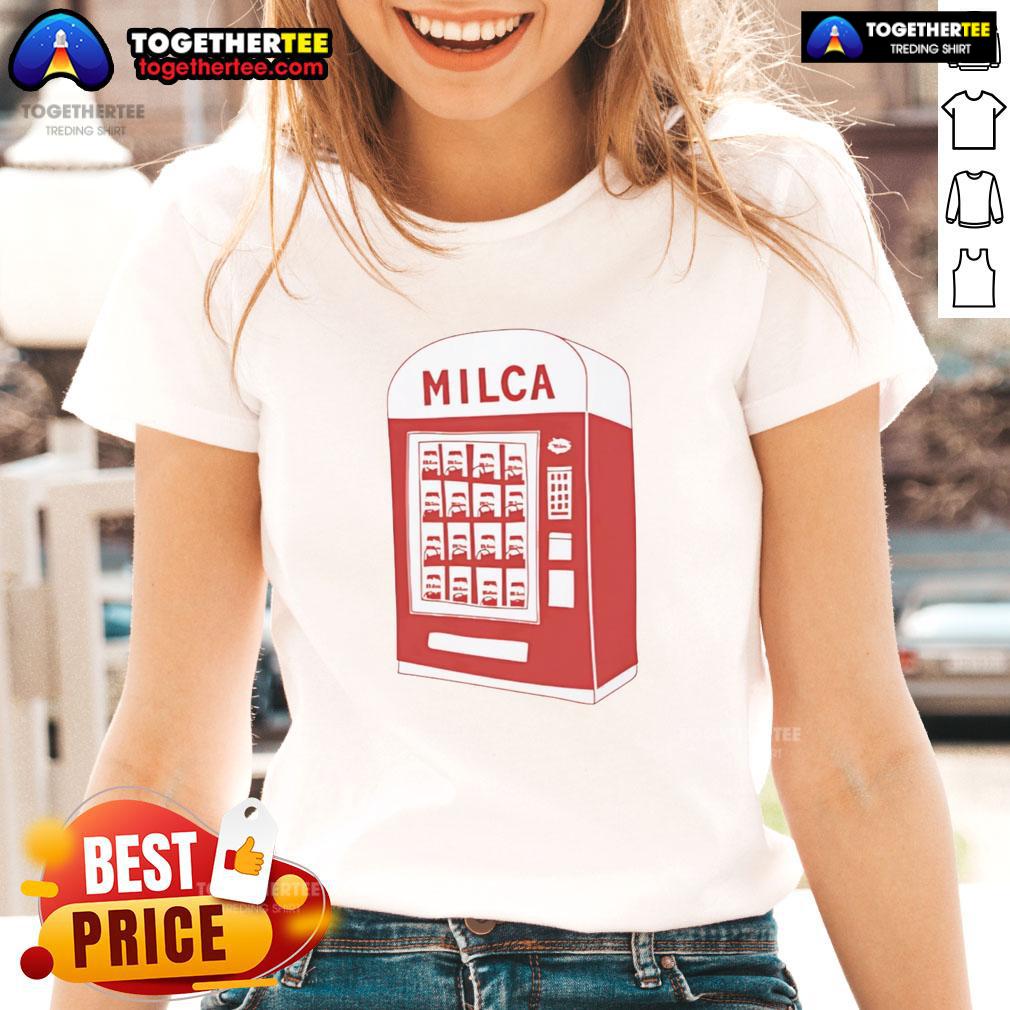 Nice Milca Vintage Vending Machine Ladies Tee Vintage vending machine graphic on a ladies tee, featuring the Nice Milca design for retro fashion enthusiasts.