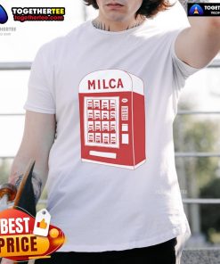 Alt Text: Vintage Milca vending machine graphic on a stylish t-shirt, perfect for retro fashion enthusiasts.