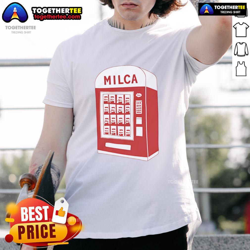 Nice Milca Vintage Vending Machine T Shirt Alt Text: Vintage Milca vending machine graphic on a stylish t-shirt, perfect for retro fashion enthusiasts.