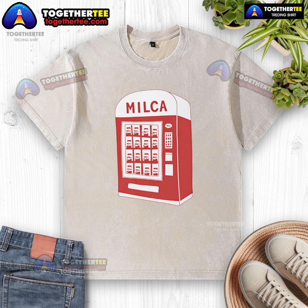 Nice Milca Vintage Vending Machine Washed T Shirt Vintage Nice Milca vending machine graphic on a washed t-shirt, perfect for retro style enthusiasts and casual wear.