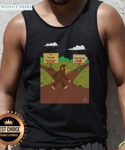 Alt Text: Nice Monkey tank top featuring 'The Primal Choice' design, highlighting human evolution and free food themes.