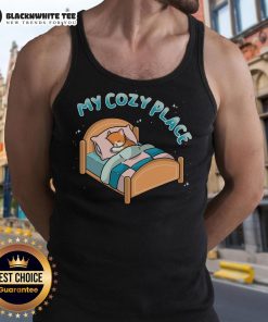 Cozy place with a woman wearing a Nice My Cozy Place tank top, showcasing casual style and comfort in a bright setting.