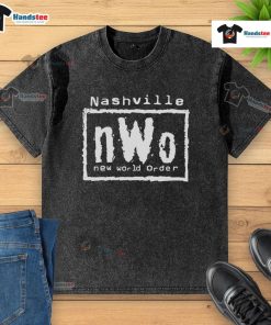 Nice Nashville nWo New World Order washed t-shirt featuring bold graphics and a vintage style, perfect for wrestling fans.