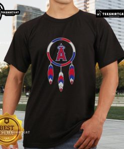 Alt Text: Nice Native American Indians X Los Angeles Angels baseball t-shirt featuring vibrant graphics and team logo.