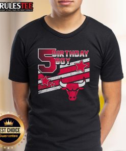 Alt Text: Cute NBA Chicago Bulls 5th birthday boy T-shirt featuring vibrant team colors and playful design for young fans.