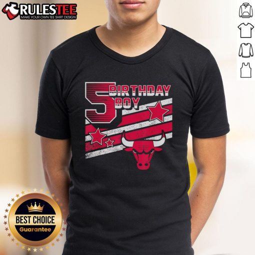 Alt Text: Cute NBA Chicago Bulls 5th birthday boy T-shirt featuring vibrant team colors and playful design for young fans.