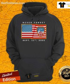 Alt Text: Cozy hoodie featuring Never Forget Sept 11th 2001 and Fire Department emblem, honoring heroes and remembrance.