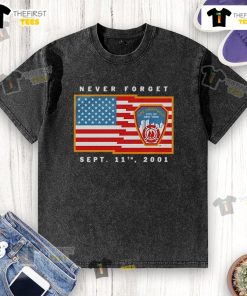 Nice Never Forget Sept 11th 2001 Fire Department washed T-shirt featuring a tribute design honoring first responders.