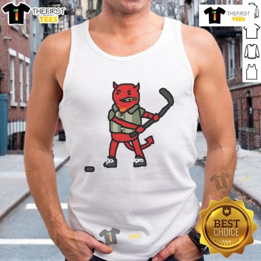 Nice New Jersey Devils hockey mascot art tank top featuring vibrant graphics and team colors for fans and sports enthusiasts.
