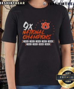 Alt Text: Auburn Tigers football logo on a ladies tee celebrating nine-time national champions, perfect for fans.