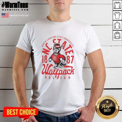 Alt Text: North Carolina State Wolfpack Football 1887 mascot t-shirt featuring bold graphics and team colors for fans.