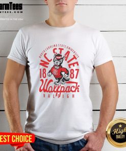 Alt Text: North Carolina State Wolfpack Football 1887 mascot t-shirt featuring bold graphics and team colors for fans.