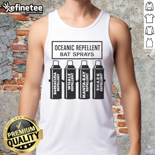 Model wearing Nice Oceanic Repellent Bat Sprays tank top, showcasing vibrant design and eco-friendly fabric.