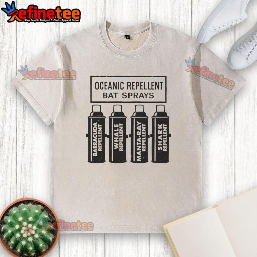 Alt Text: Nice Oceanic Repellent Bat Sprays graphic on a washed t-shirt, perfect for casual wear and outdoor adventures.