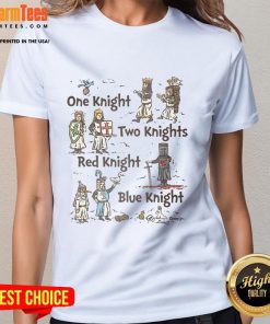 Ladies tee featuring Nice One Knight design with red and blue knights, perfect for fans of whimsical knight themes.
