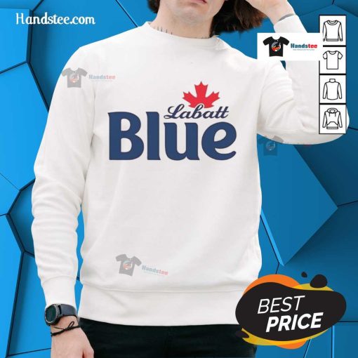 Pamela Anderson wearing a stylish Labatt Blue sweatshirt, showcasing a casual and trendy fashion look.
