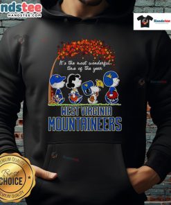 Alt Text: Cozy West Virginia Mountaineers hoodie featuring It's The Most Wonderful Time Of The Year and peanuts design.