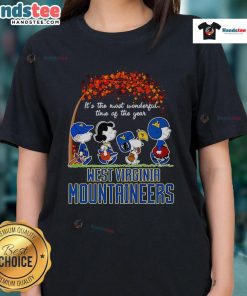 West Virginia Mountaineers ladies tee featuring 'It's the Most Wonderful Time of the Year' and peanuts design.