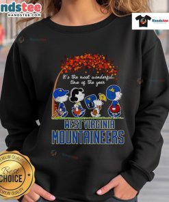 Alt Text: Cozy West Virginia Mountaineers sweatshirt featuring It's the Most Wonderful Time of the Year and peanuts design.