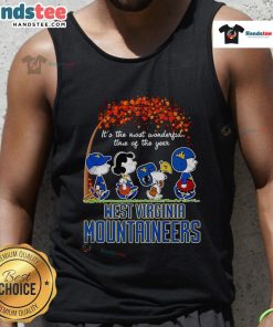 West Virginia Mountaineers tank top featuring 'It's the Most Wonderful Time of the Year' with festive peanuts design.