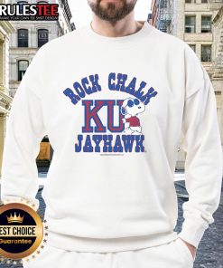 Nice Peanuts Snoopy X Rock Chalk Jayhawk sweatshirt featuring colorful graphics and a cozy design for fans.