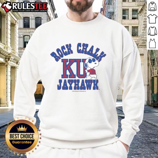 Nice Peanuts Snoopy X Rock Chalk Jayhawk sweatshirt featuring colorful graphics and a cozy design for fans.
