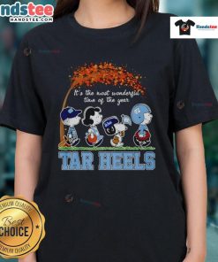 Alt Text: Halloween-themed ladies tee featuring UNC Tar Heels and peanuts design for the most wonderful time of the year.