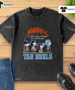 Alt Text: Halloween-themed UNC Tar Heels washed t-shirt featuring peanuts design, perfect for festive fans.