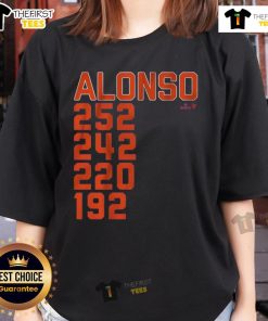 Alt Text: Pete Alonso hitting a home run at New York Mets game, featured on a ladies tee shirt design.