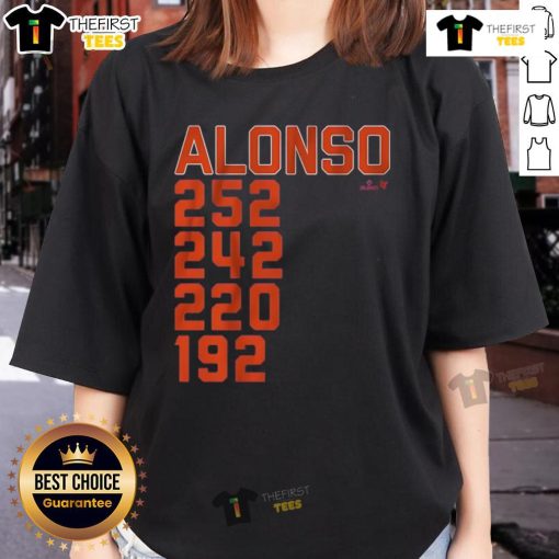 Alt Text: Pete Alonso hitting a home run at New York Mets game, featured on a ladies tee shirt design.