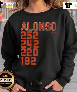 Alt Text: Pete Alonso New York Home Run List sweatshirt featuring stats and design celebrating the MLB star's achievements.