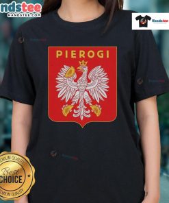 Ladies tee featuring the Nice Pierogi Coat of Arms logo, perfect for food lovers and pierogi enthusiasts.