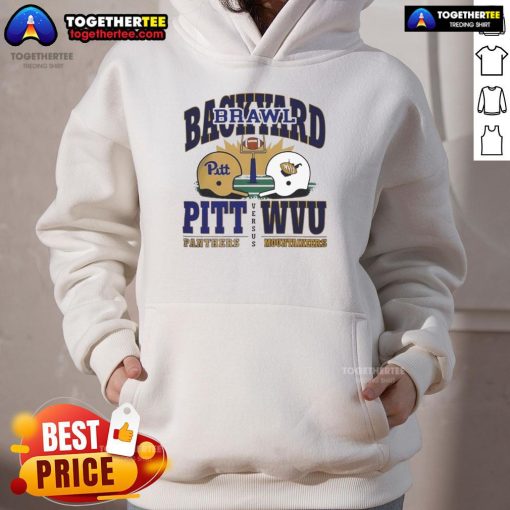 2025 Backyard Brawl hoodie featuring Nice Pitt Panthers vs West Virginia Mountaineers helmet design.