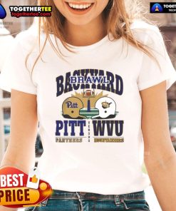 2025 Backyard Brawl helmet design on a ladies tee featuring Pitt Panthers vs West Virginia Mountaineers.