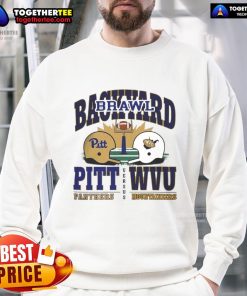 2025 Backyard Brawl sweatshirt featuring Pitt Panthers vs West Virginia Mountaineers helmets, perfect for game day.