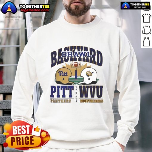 2025 Backyard Brawl sweatshirt featuring Pitt Panthers vs West Virginia Mountaineers helmets, perfect for game day.