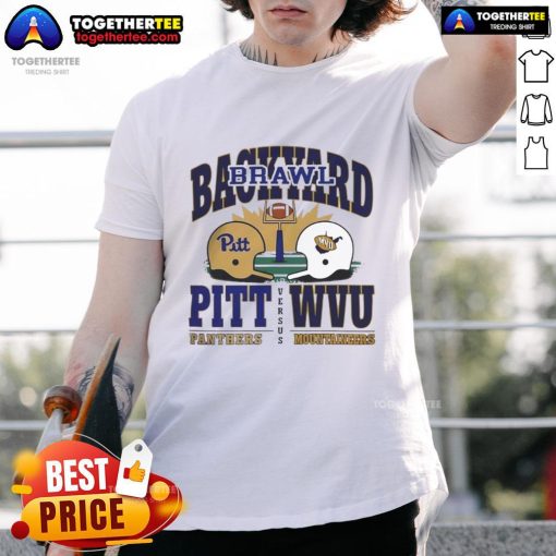 2025 Backyard Brawl Helmet T-Shirt featuring Pitt Panthers vs West Virginia Mountaineers design for football fans.
