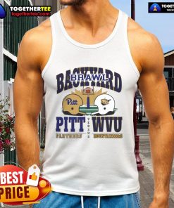 2025 Backyard Brawl tank top featuring Nice Pitt Panthers vs West Virginia Mountaineers helmet design.