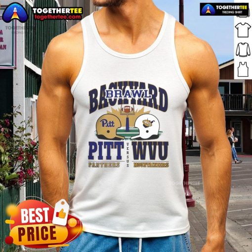 2025 Backyard Brawl tank top featuring Nice Pitt Panthers vs West Virginia Mountaineers helmet design.