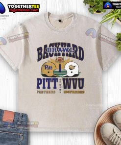2025 Backyard Brawl: Pitt Panthers vs West Virginia Mountaineers helmet graphic on a washed t-shirt.