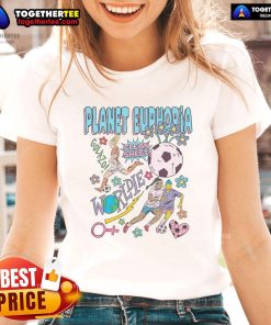 Alt Text: Colorful retro ladies tee from Nice Planet Euphoria, perfect for women's soccer fans, featuring vibrant design and style.