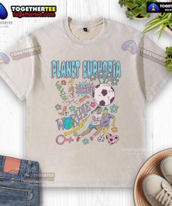 Colorful retro washed t-shirt featuring Nice Planet Euphoria design, perfect for women's soccer fans and casual wear.